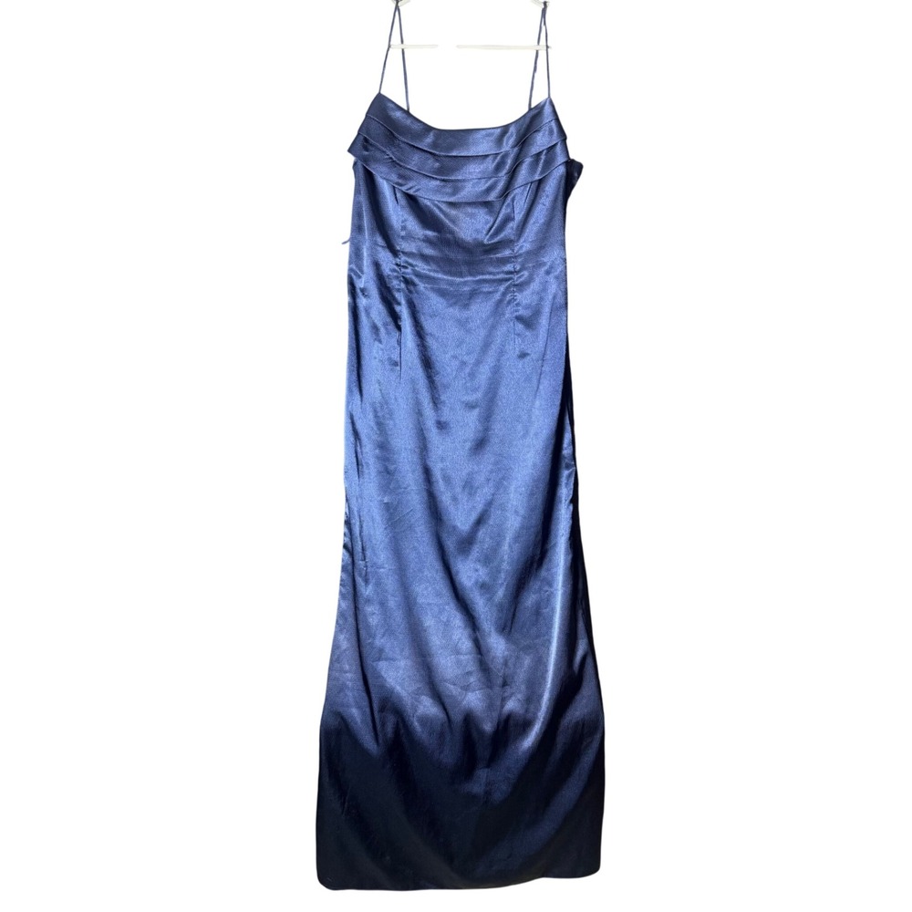 Adrianna Papell women's 8 Maxi Gown Dress Navy Blue Satin Tiered Bodice strap